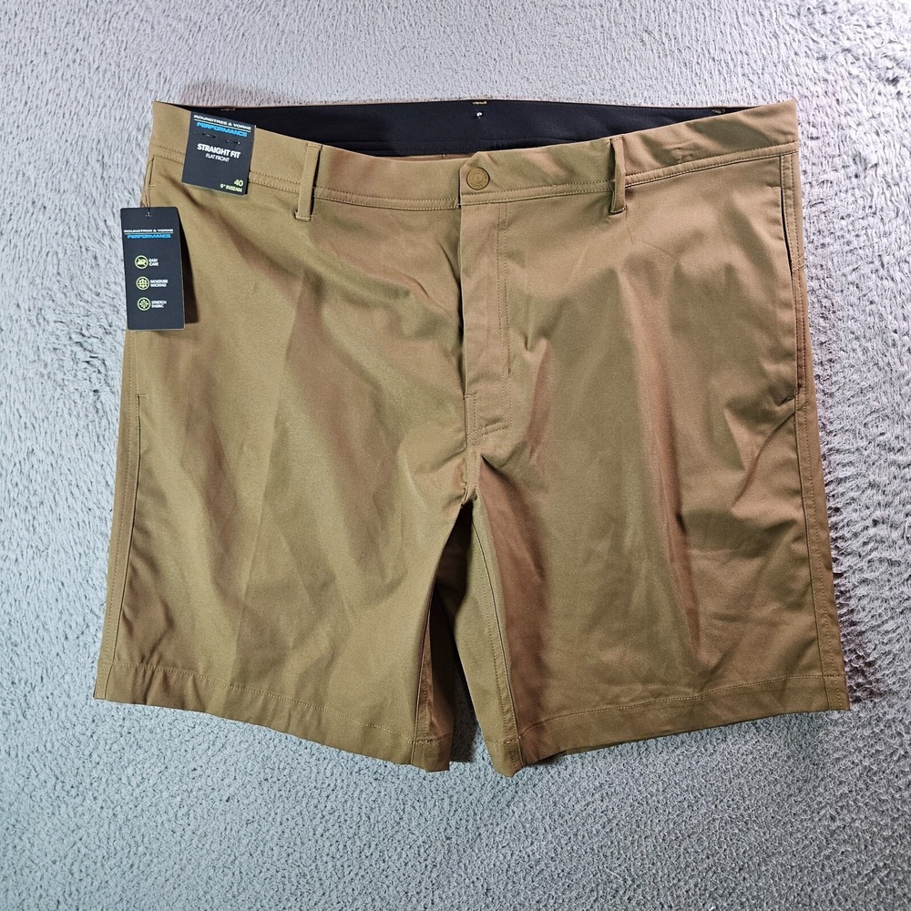 NWT Roundtree & Yorke‎ Performance Shorts Men 40 x 9" Flat Front Khaki Brown